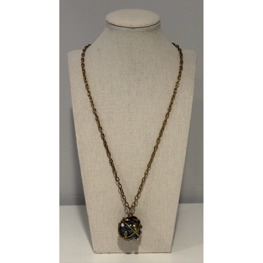 Steve Madden Vintage Style Sphere Pendant Necklace Gold Blue 18" Women's Signed